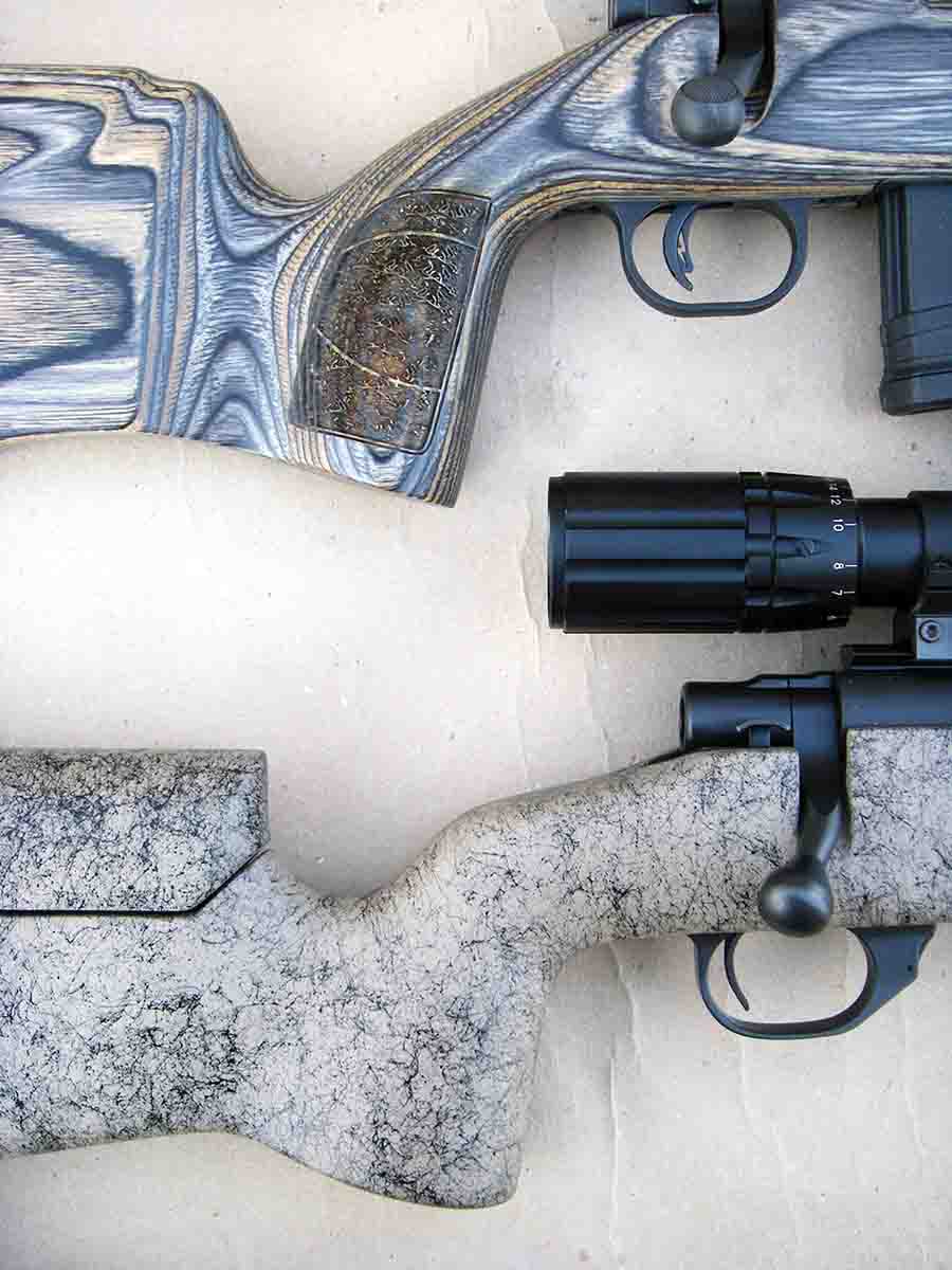Modern stocks designed for long-range shooting often feature nearly vertical pistol grips. A Mossberg MVP with a factory stock (top) is compared to a Howa Model 1500 with a Bell & Carlson Target/Competition stock with an adjustable cheekpiece.